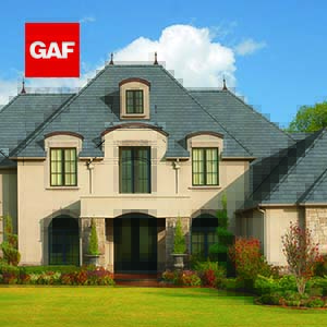GAF Logo with house with truslate shingles